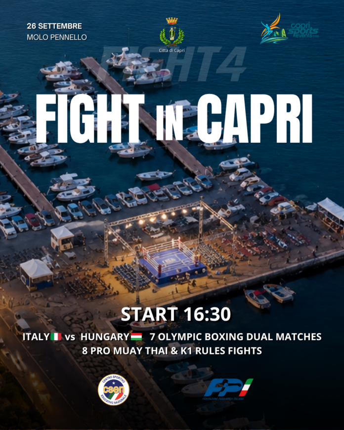 Veduta aerea di un ring di pugilato e pubblico allestito sul molo con barche ormeggiate attorno durante un evento sportivo serale.