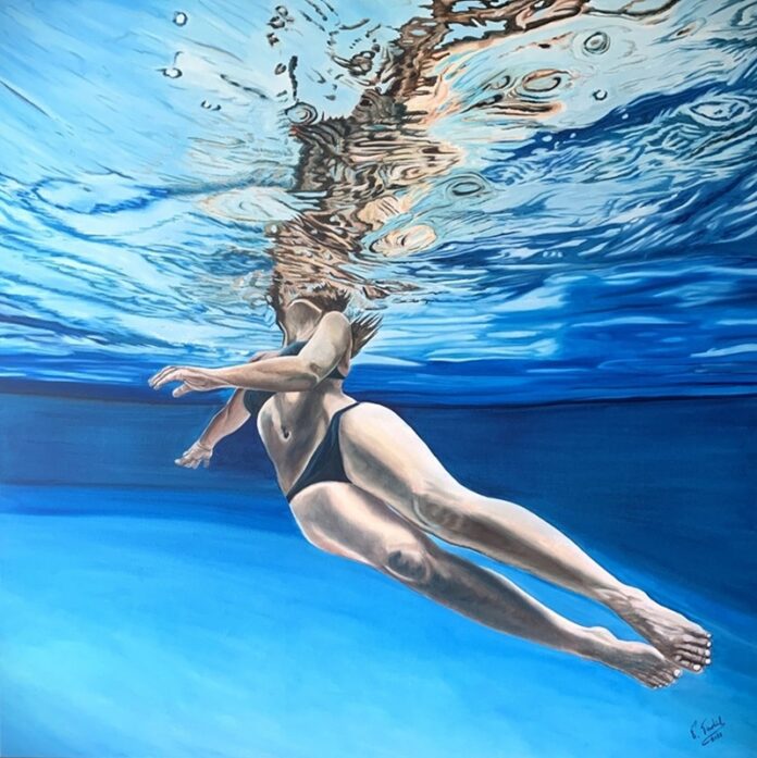 Opera pittorica con figura immersa nell'acqua utilizzata per illustrare la mostra antologica di Paolo Terdich