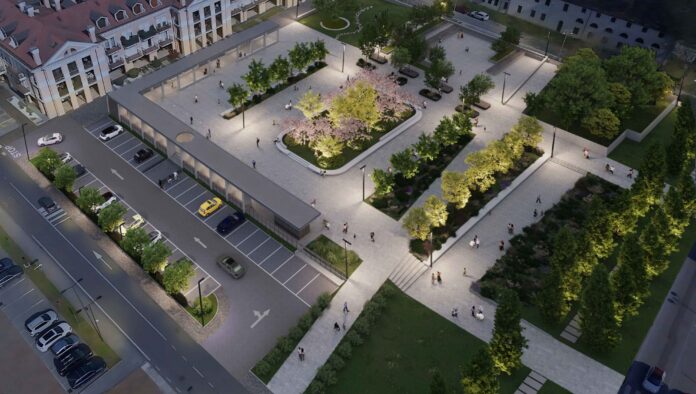 Vista dall'alto di un'area urbana riqualificata con nuove zone verdi alberate e percorsi pedonali, immagine illustrativa del progetto di rigenerazione urbana a Noventa Padovana.