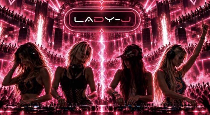 Quattro DJ donne al mixer durante una performance con luci rosa e fucsia sullo sfondo e il logo LADY-J sopra.