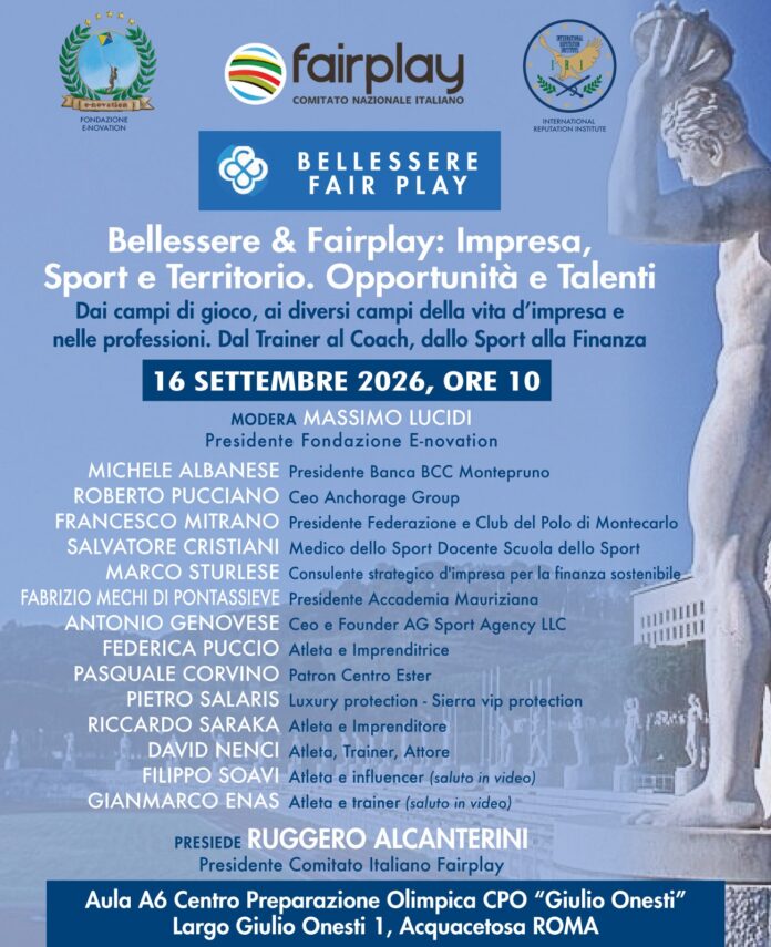 Locandina con il titolo dell'evento Bellessere & Fairplay, elenco dei relatori e dei partecipanti, loghi degli organizzatori e dati del luogo e orario dell'incontro al Centro Preparazione Olimpica Giulio Onesti a Roma.