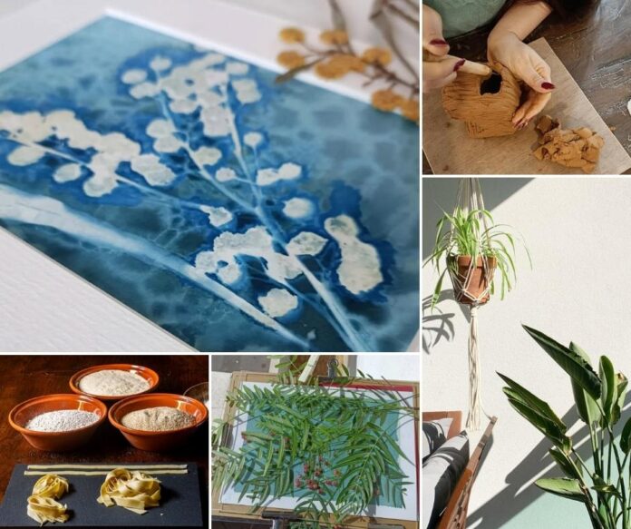 Collage di immagini dei workshop di ceramica, cucina e cianotipia botanica offerti da Aquadulci a Chia, Sardegna.