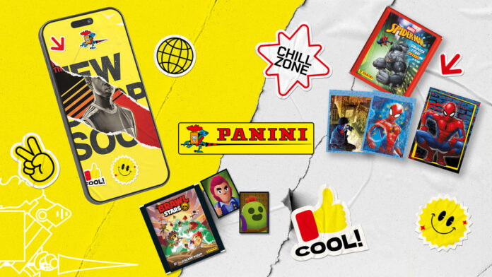 Composizione grafica con figurine e adesivi Panini, rappresentativa della comunicazione digital e collezionismo.