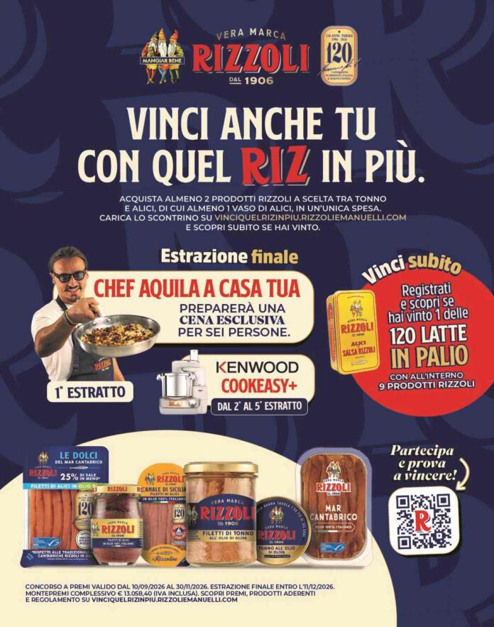 Manifesto della promozione Rizzoli Emanuelli per i 120 anni con premi in palio