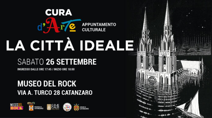 Locandina con disegno artistico di un edificio gotico e una barca a vela per evento culturale La Città Ideale al Museo del Rock
