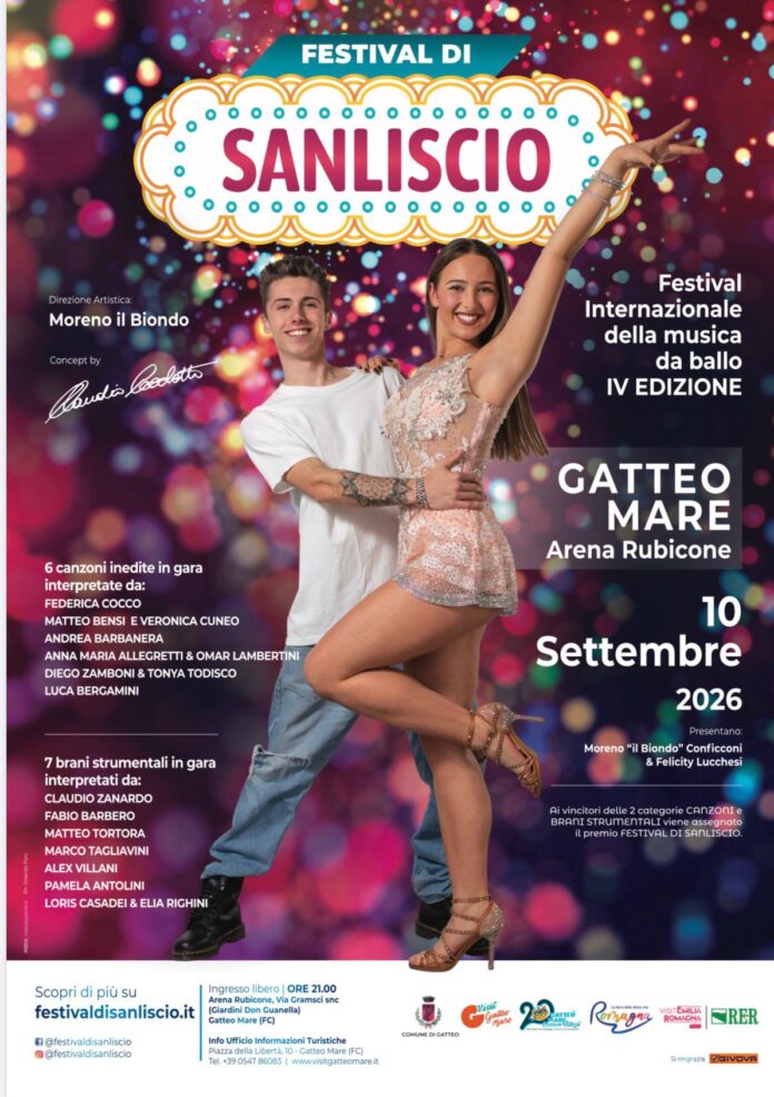 Manifesto con ballerini e informazioni sul Festival di Sanliscio 2026 a Gatteo Mare