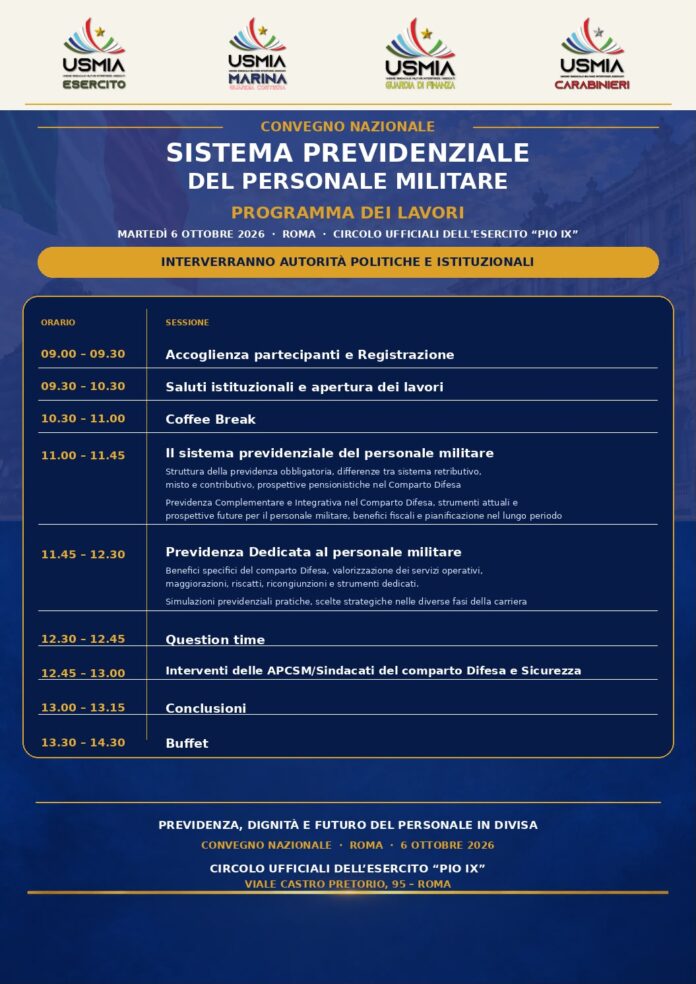 Poster con programma del convegno nazionale USMIA sul sistema previdenziale militare prevista a Roma il 6 ottobre 2026