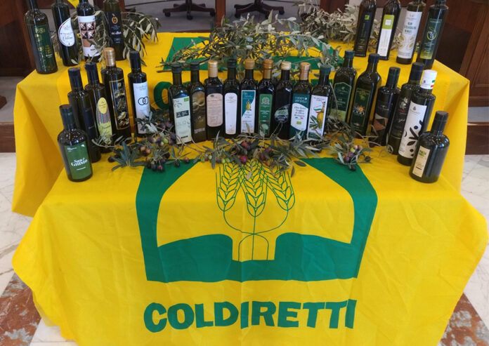 Bottiglie di olio d'oliva esposte su un tavolo con bandiera di Coldiretti.