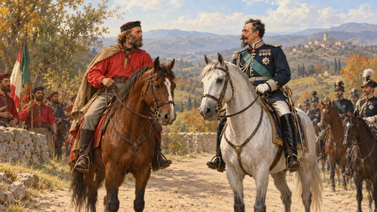 Illustrazione di Garibaldi in camicia rossa e Vittorio Emanuele II in uniforme, a cavallo, con i rispettivi seguiti sullo sfondo.