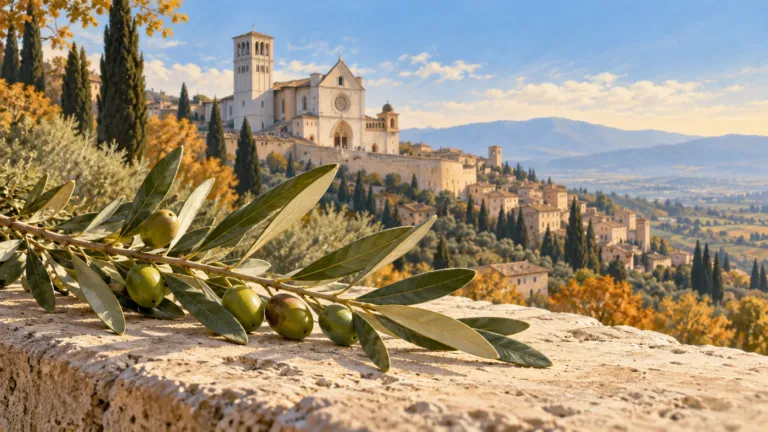 Illustrazione di un ramo d’ulivo su un muretto di pietra, con la Basilica di San Francesco e il paesaggio di Assisi sullo sfondo.