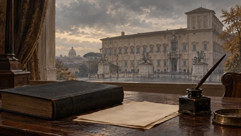 Illustrazione simbolica con un volume, fogli e un calamaio in primo piano e il Palazzo del Quirinale sullo sfondo.