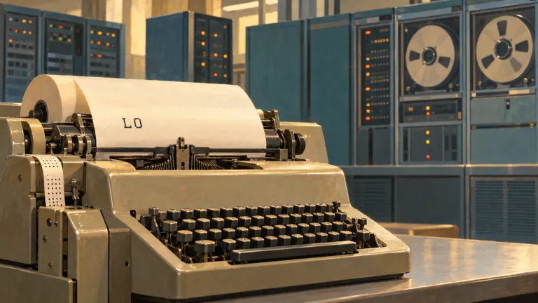 Illustrazione di una telescrivente con le lettere “LO” sul foglio, davanti ad apparecchiature informatiche degli anni Sessanta.