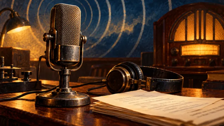 Illustrazione di un microfono d’epoca, cuffie e fogli di copione su un tavolo, con una radio in legno illuminata sullo sfondo.