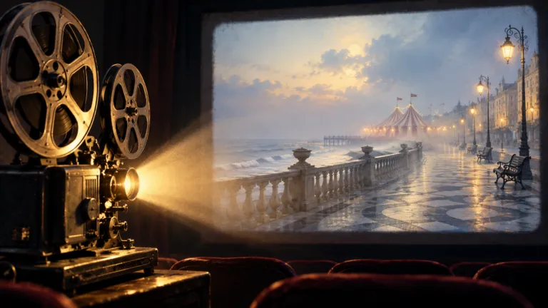 Illustrazione di un proiettore cinematografico che illumina uno schermo con un lungomare immaginario e un tendone da circo nella foschia.