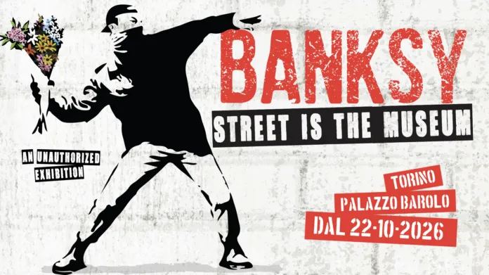 Grafica promozionale con un'illustrazione che richiama uno dei graffiti di Banksy, con il testo della mostra e le date dell'evento a Torino, Palazzo Barolo.