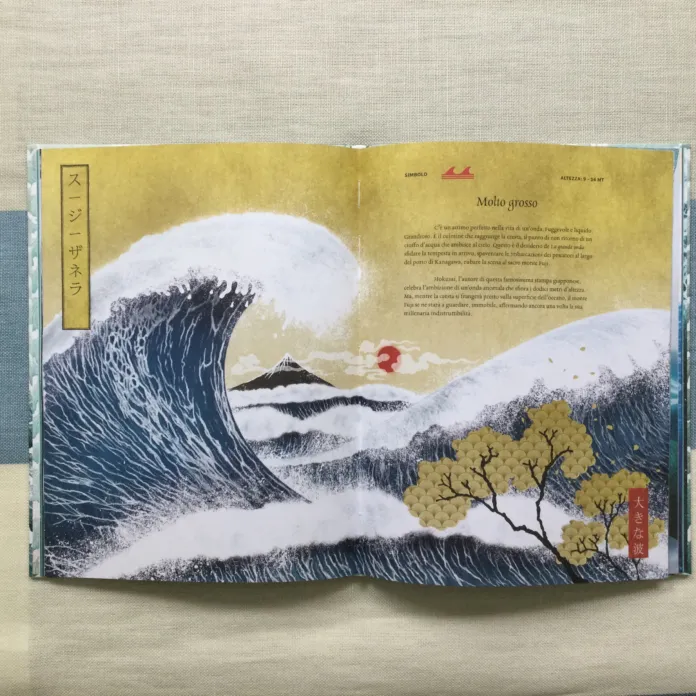 Immagine di un libro illustrato aperto con un'onda gigante e elementi naturali in stile artistico giapponese, illustrando il tema del mare e delle onde.