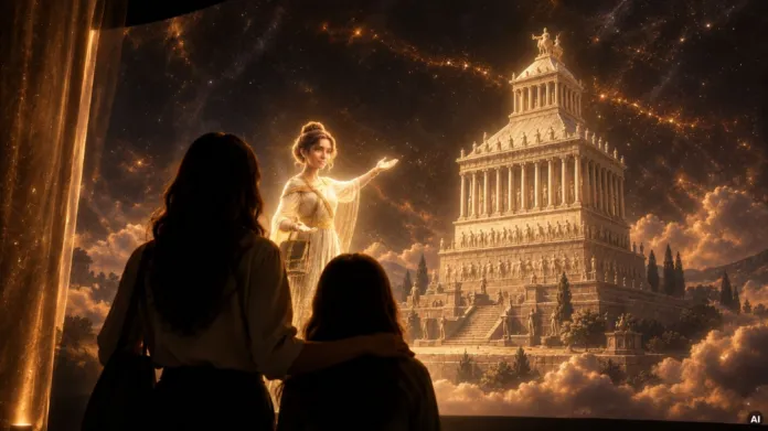 Immagine artistica delle Meraviglie del mondo in un contesto immersivo, con luci calde e atmosfera suggestiva.