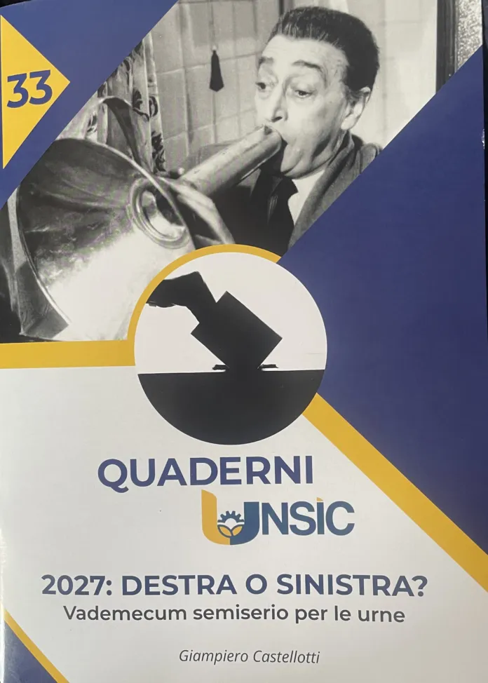 Copertina del Quaderno Unsic numero 33, intitolato “2027: Destra o sinistra? Vademecum semiserio per le urne”, con una fotografia in bianco e nero di un uomo che suona uno strumento a fiato.