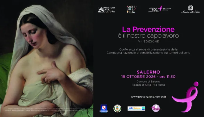 Immagine promozionale con un dettaglio di un dipinto raffigurante una donna e testo informativo sulla conferenza di Komen Italia a Salerno.