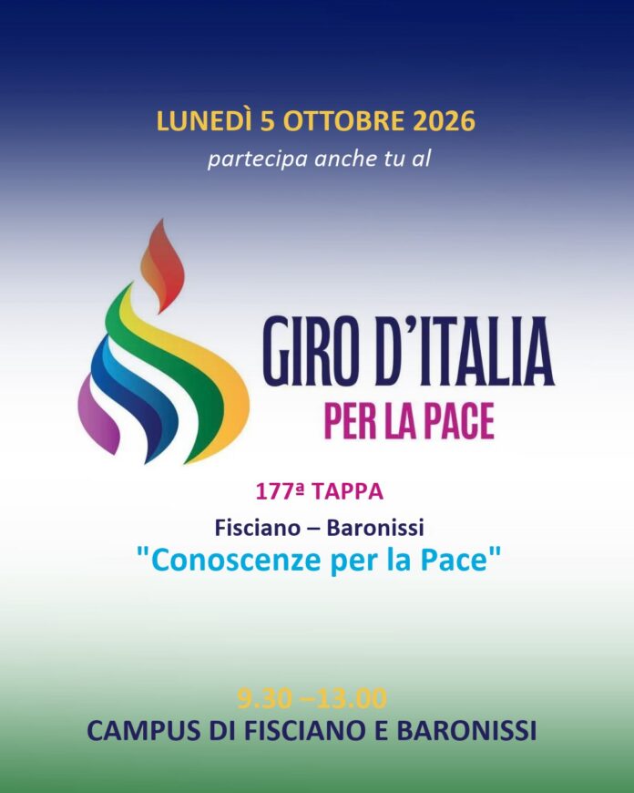 Locandina con le informazioni della tappa del Giro d'Italia per la Pace 2026 tra i campus di Fisciano e Baronissi, con data e orari.