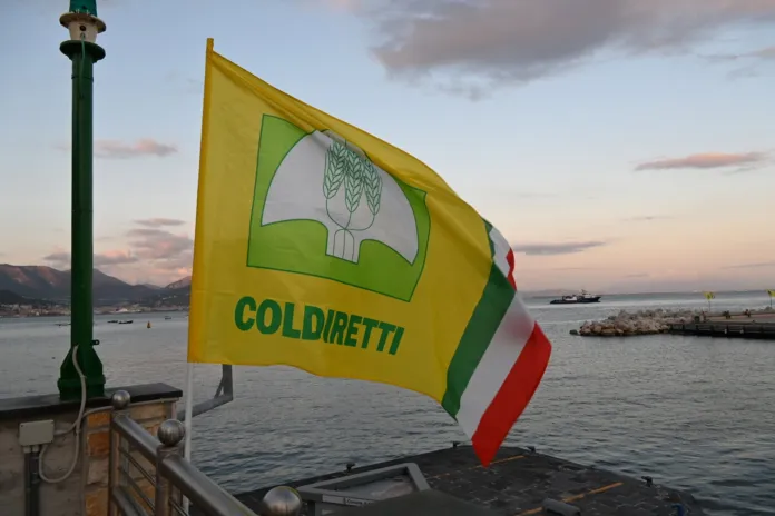 Bandiera gialla con la scritta Coldiretti e il tricolore, in riva al mare.