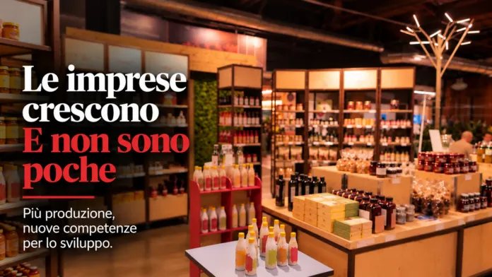 Scaffali con prodotti confezionati e un banco espositivo in un punto vendita. Sull’immagine è sovrapposta una scritta sulle imprese e la crescita.