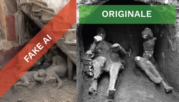 Composizione con due immagini di calchi archeologici: a sinistra la scritta «Fake AI», a destra «Originale».