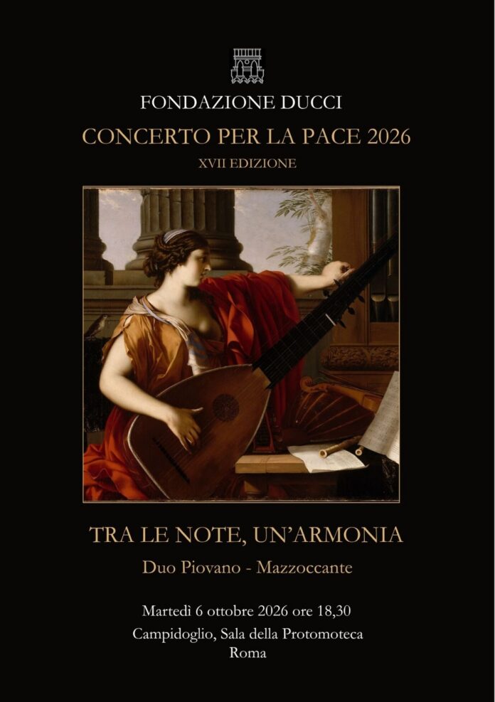 Locandina ufficiale del Concerto per la Pace 2026 con immagine di una donna che suona uno strumento musicale antico.