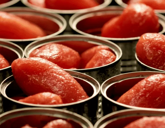 Pomodori pelati rossi disposti in contenitori metallici aperti.