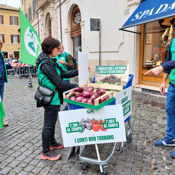 Una persona accanto a un carrello con cassette di ortaggi e cartelli sui prezzi; sullo sfondo altre persone e bandiere verdi.