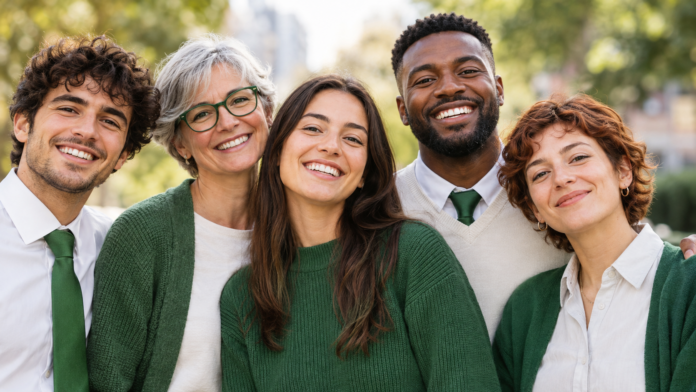 Gruppo di cinque persone sorridenti con indumenti verdi all'aperto, immagine rappresentativa della sensibilizzazione sulla salute mentale.