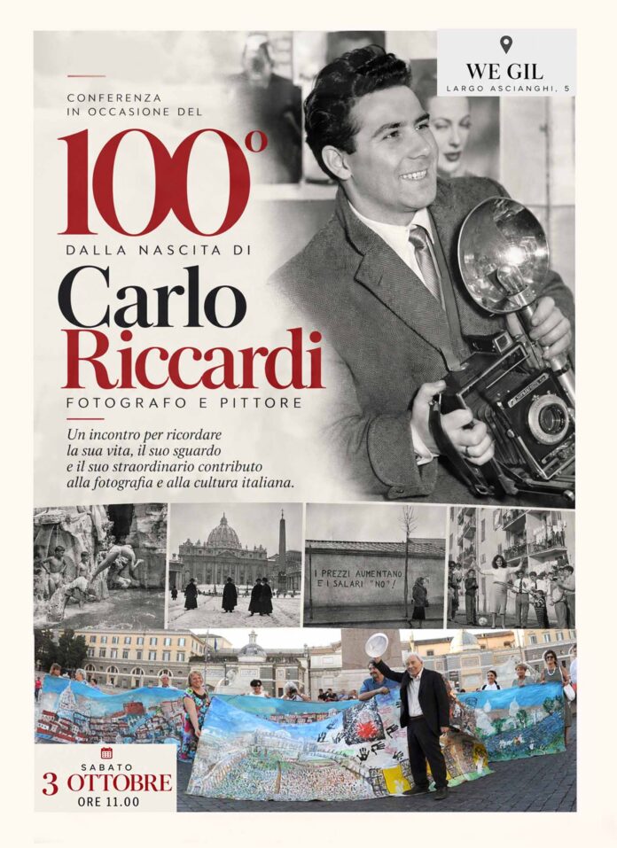 Locandina illustrativa con foto d'archivio di Carlo Riccardi e immagini di opere, promuove la conferenza del centenario del fotografo e pittore Carlo Riccardi a Roma.