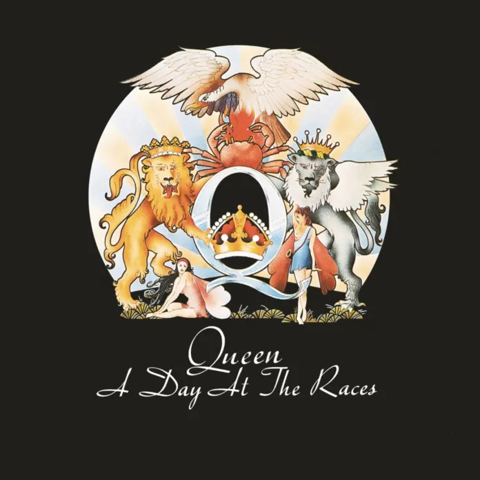 Illustrazione dell'album 'A Day At The Races' dei Queen, con animali simbolici e il logo della band su sfondo nero.