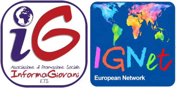 Logo dell'Associazione InformaGiovani e mappa del mondo colorata con scritta IGNet European Network