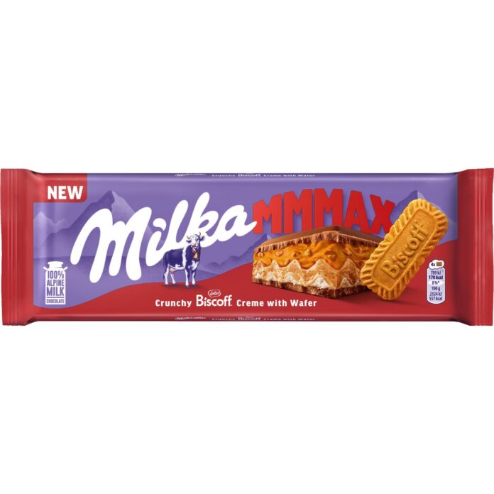 Tavoletta di cioccolato Milka MMMAX Biscoff® & Wafer in confezione viola con immagine del prodotto e biscotto Biscoff in primo piano.
