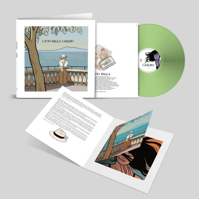 Confezione aperta con un disco verde, un libretto e pagine illustrate; sulla copertina si legge “Lucio Dalla Caruso”.
