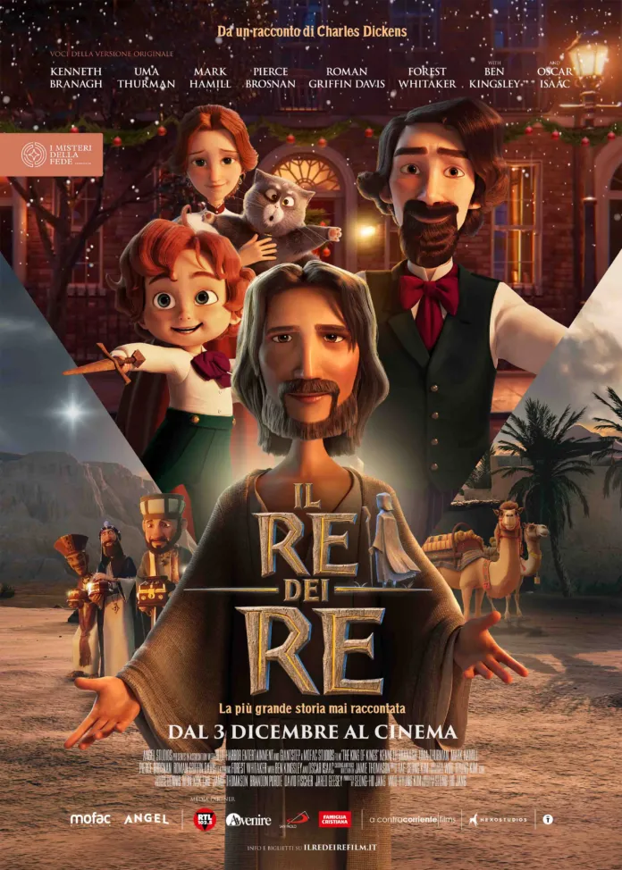 Immagine di un film di animazione con personaggi in stile cartone, ambientata in un contesto notturno con luci calde, tratta da un comunicato stampa di un film natalizio.