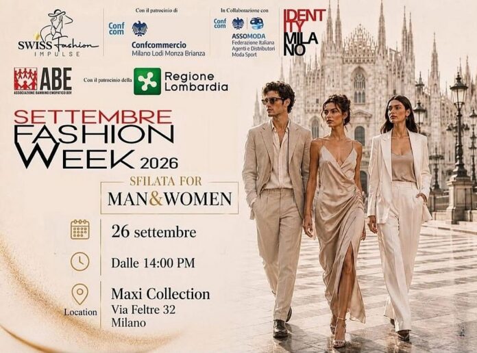 Tre modelli in abiti eleganti in una piazza, con sfondo il Duomo di Milano, rappresentativo della settimana della moda di Milano.