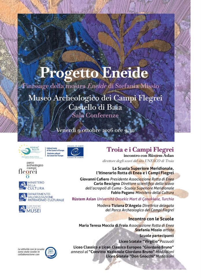 Manifesto illustrativo del Progetto Eneide con dettagli dell'evento al Museo Archeologico dei Campi Flegrei, Castello di Baia.