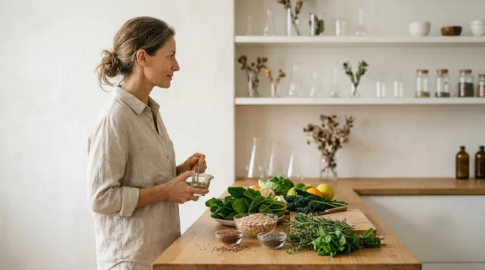 Una donna in una cucina tiene una ciotola vicino a un tavolo con verdure, cereali e altri alimenti.