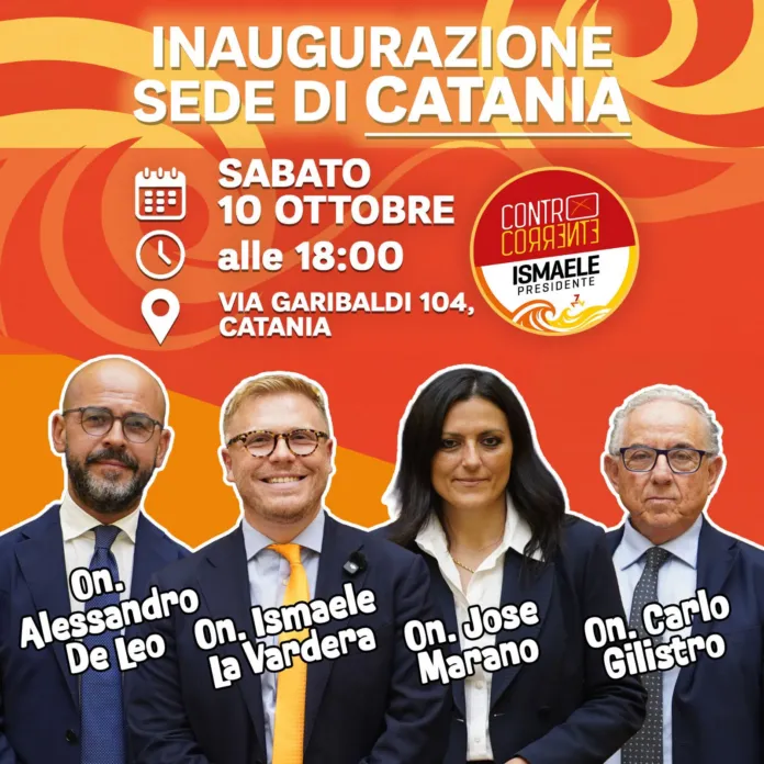 Immagine illustrativa dell'inaugurazione della sede politica a Catania con vari rappresentanti politici.
