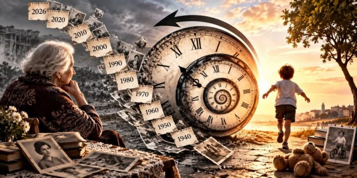 Donna anziana seduta di fronte a fotografie del passato e a un orologio che rappresenta il tempo che scorre, con un bambino che corre verso il tramonto sullo sfondo.
