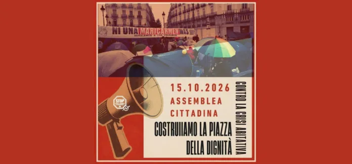 Manifesto con megafono e ombrelli, testo che invita all'assemblea cittadina per la Piazza della dignità contro la crisi abitativa il 15 ottobre 2026.
