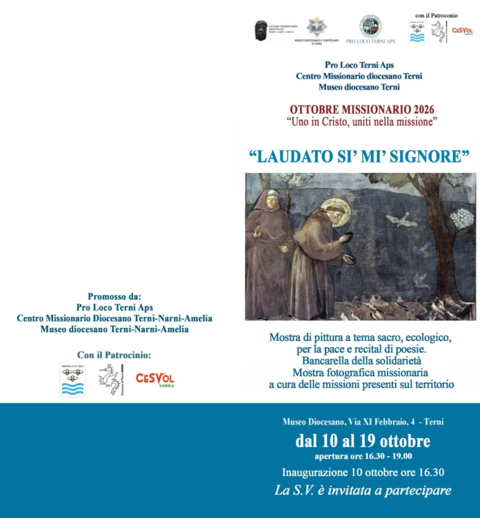 Locandina della mostra 'Laudato si’ mi’ Signore' al Museo Diocesano di Terni con immagine sacra di San Francesco e testo informativo.