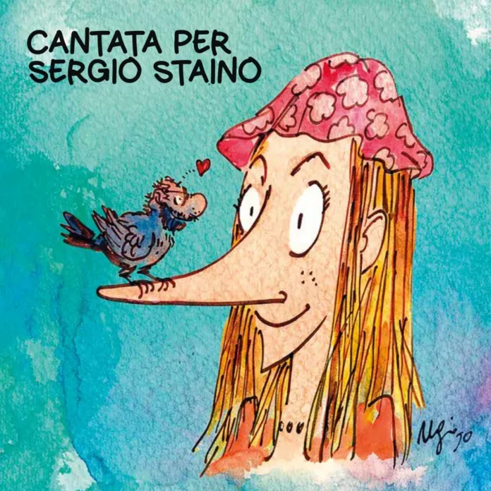 Illustrazione artistica per l'album tribute a Sergio Staino, raffigurante una donna con cappello rosa e un uccellino, tratto dal comunicato stampa.