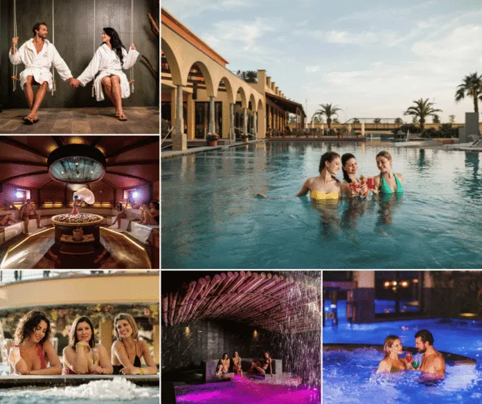Persone che si rilassano in piscina in una spa con ambiente esterno e atmosfera di benessere.