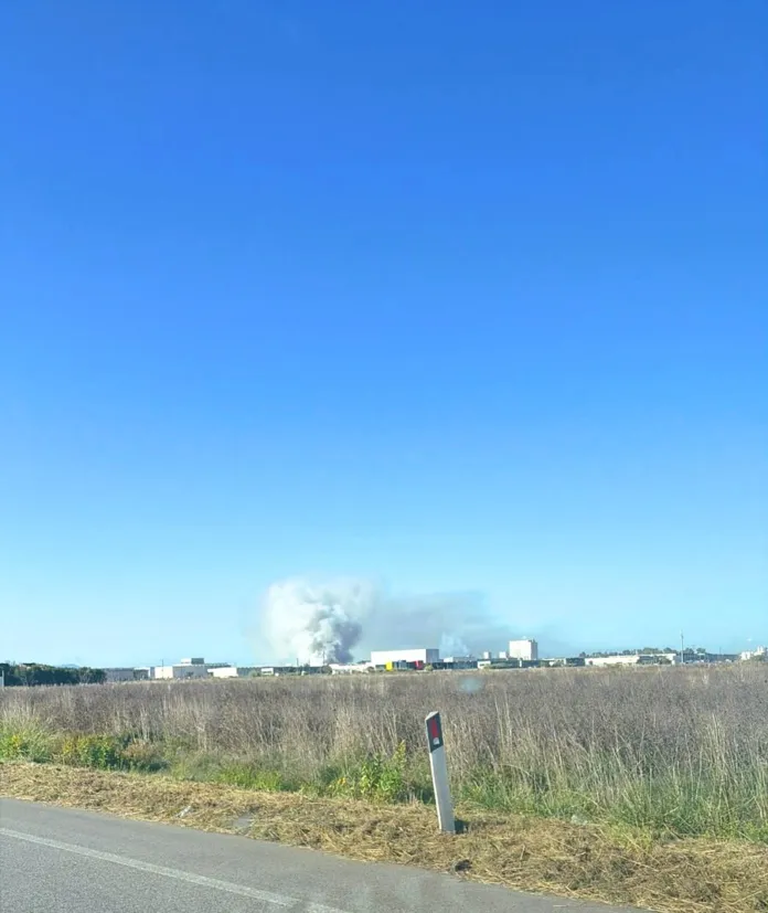 Fumo in lontananza oltre un’area aperta, con edifici industriali all’orizzonte e una strada in primo piano.
