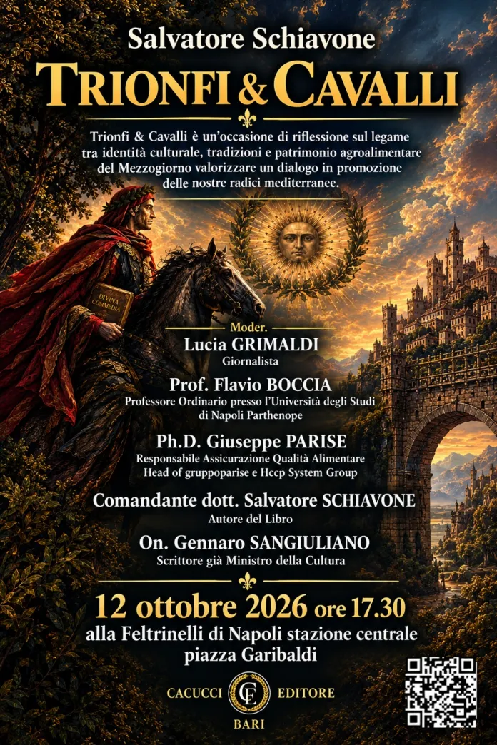 Locandina evento presentazione libro Trionfi & Cavalli alla Libreria Feltrinelli di Napoli con informazioni su data, ora e relatori.