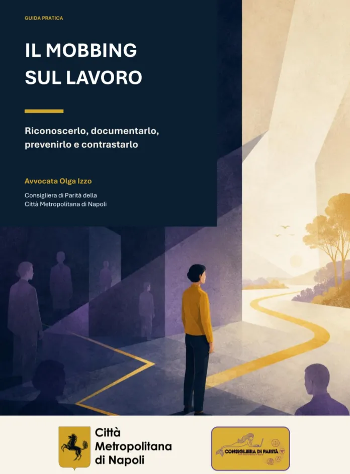 Copertina illustrativa dell'opuscolo sul mobbing sul lavoro con il titolo e una figura che guarda un percorso luminoso.