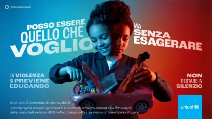 Ragazza con una bambola e messaggi di sensibilizzazione contro la violenza e in favore dell'educazione delle bambine e ragazze.